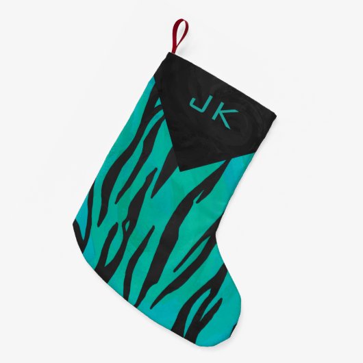 Monogram tijger - zwart en Blauwgroen afdrukpatroo Kleine Kerstsok (Voorkant (Hangend))