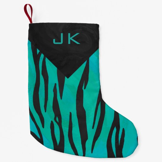 Monogram tijger - zwart en Blauwgroen afdrukpatroo Kleine Kerstsok (Voorkant)