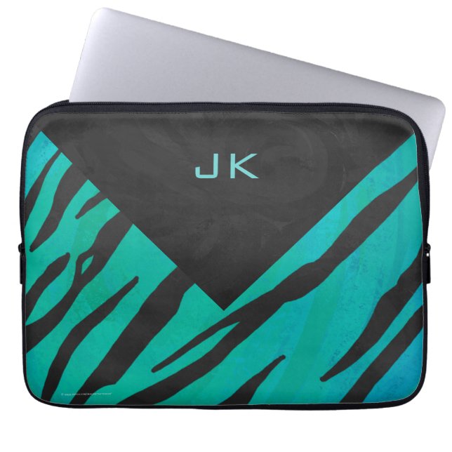 Monogram tijger - zwart en Blauwgroen afdrukpatroo Laptop Sleeve (Voorkant)
