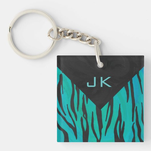 Monogram tijger - zwart en Blauwgroen afdrukpatroo Sleutelhanger (Voorkant)