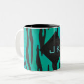 Monogram tijger - zwart en Blauwgroen afdrukpatroo Tweekleurige Koffiemok (Voorkant links)