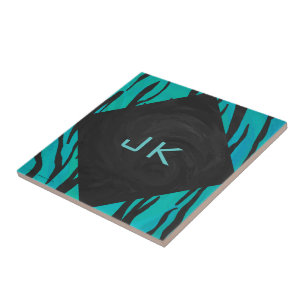 Monogram Tijger Zwart en Turkoois Print Patroon Tegeltje