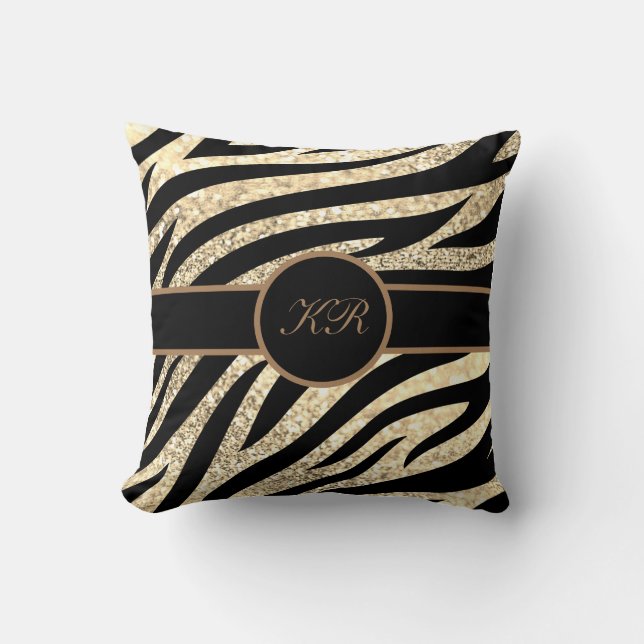 Monogram Tijgerstreep Gouden Glitter Sparkle Girly Kussen (Voorkant)