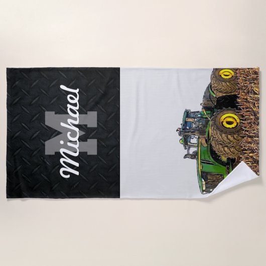 Monogram Tractor Farming Tillage Mannen Apparatuur Strandlaken (Voorkant)