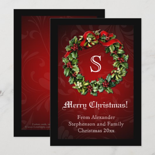 Monogram Traditionele Rode Kerstkrans Kaart (Voorkant / Achterkant)