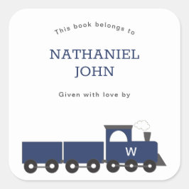 Monogram Train Boy Baby shower Bookplate Vierkante Sticker
