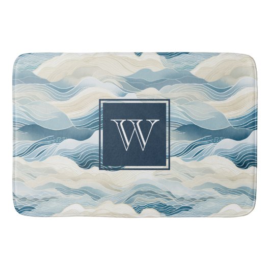 Monogram Tranquil Blauw en Wit Golfpatroonbad Badmat (Voorkant)