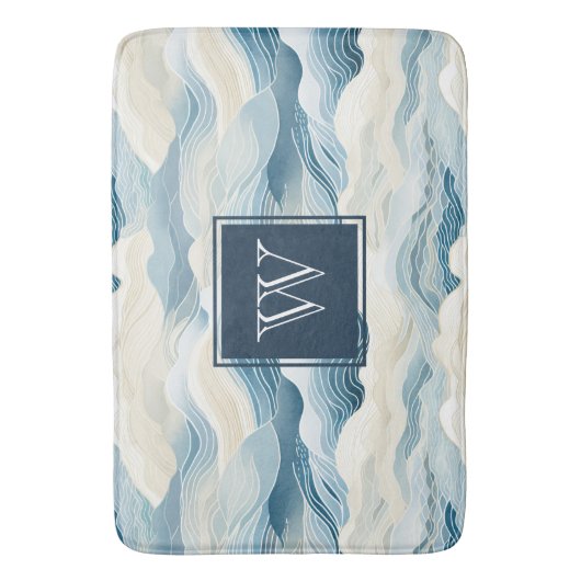 Monogram Tranquil Blauw en Wit Golfpatroonbad Badmat (Voorkant Verticaal)
