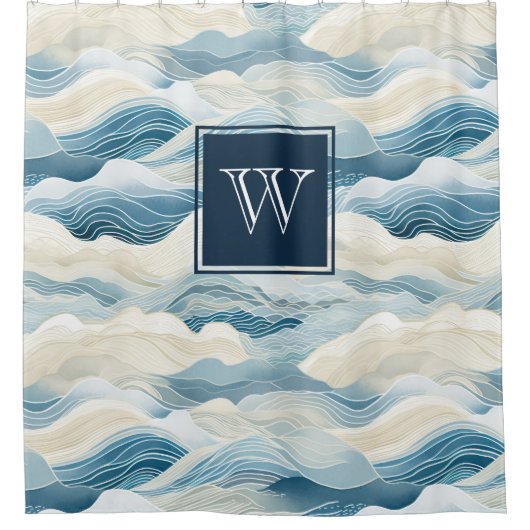Monogram Tranquil Blue and White Wave Pattern Show Douchegordijn (Voorkant)