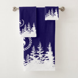 Monogram Trees Bath Towel Set Blue and White Bad Handdoek