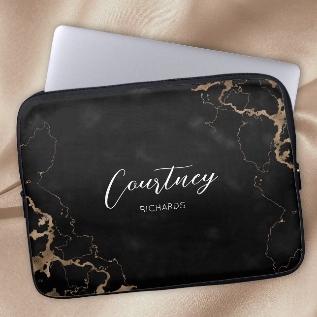 Monogram Trendy Black & Gold Marble Laptop Sleeve (Black marble and gold glitter personalized laptop sleeve with space for your name or logo)