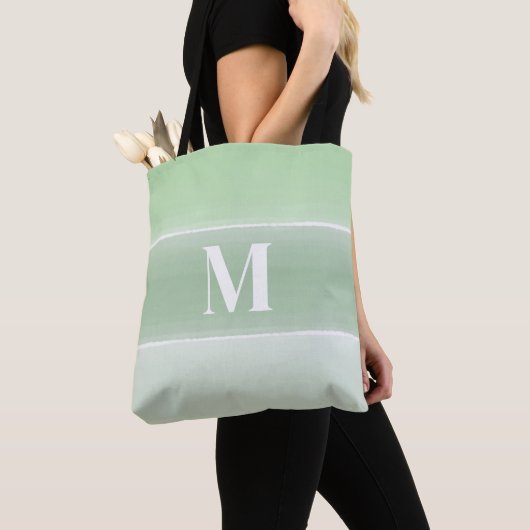 Monogram Trendy Initiaal Stijlvolle Groene Stripes Tote Bag (Dichtbij)
