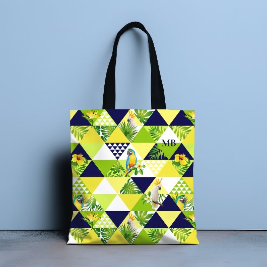 Monogram Trendy Tropical Cockatau Parrot Floral Tote Bag