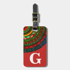 Monogram, tribaal geïnspireerd patroon, rood bagagelabel