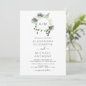 Monogram Tropical Emerald Green Wedding Invitation Kaart (Staand voorkant)