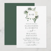 Monogram Tropical Emerald Green Wedding Invitation Kaart (Voorkant / Achterkant)