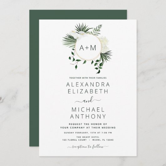Monogram Tropical Emerald Green Wedding Invitation Kaart (Voorkant / Achterkant)
