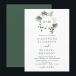 Monogram Tropical Emerald Green Wedding Invitation Kaart<br><div class="desc">Chic en Modern Monogram Tropische Palms Emerald Green en White Floral Flowers Wreath with Waterverf Wedding Autumn,  Winter,  Spring of Summer Wedding Invitations - bevat prachtige en elegante scripttypografie voor de speciale huwelijksfeestdag.</div>