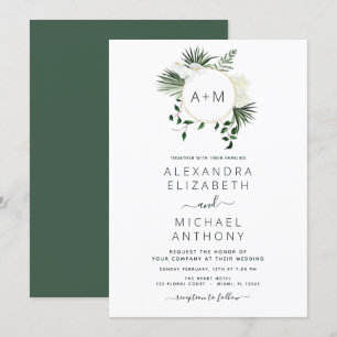 Monogram Tropical Emerald Green Wedding Invitation Kaart