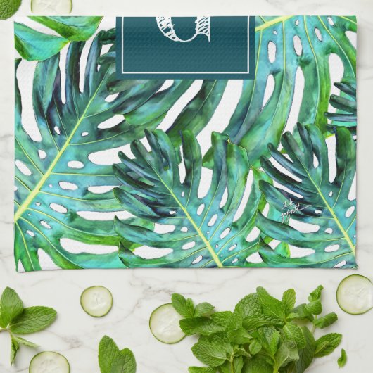 Monogram Tropical Greenery Pattern Monstera Leaf Theedoek (Gevouwen)