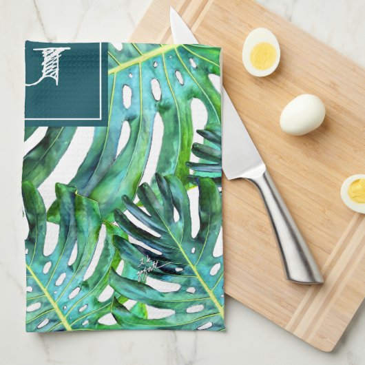 Monogram Tropical Greenery Pattern Monstera Leaf Theedoek (Quarter Fold)