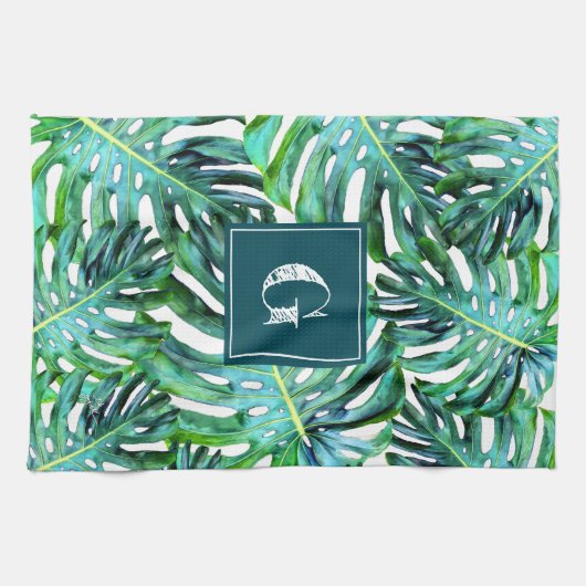 Monogram Tropical Greenery Pattern Monstera Leaf Theedoek (Horizontaal)