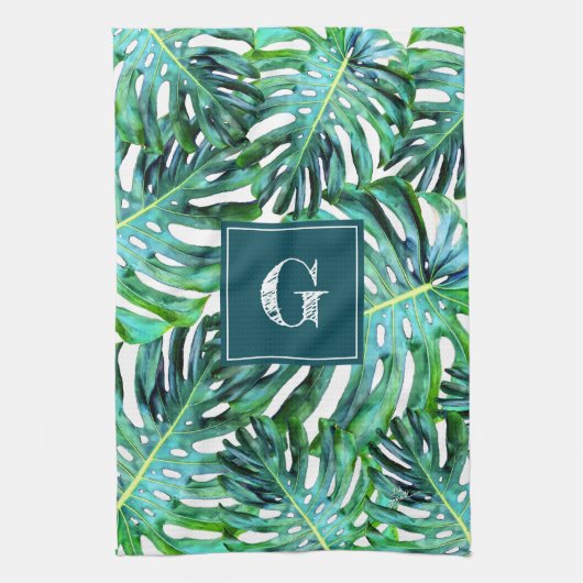 Monogram Tropical Greenery Pattern Monstera Leaf Theedoek (Verticaal)