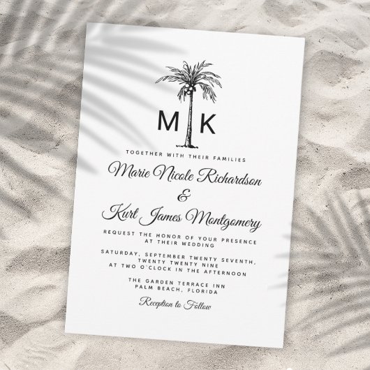Monogram Tropical Palm Tree Formal Beach Wedding Kaart