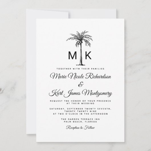 Monogram Tropical Palm Tree Formal Beach Wedding Kaart (Voorkant)