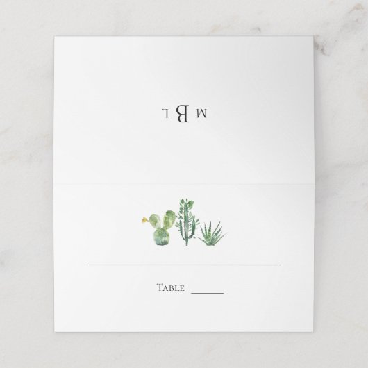 Monogram Tropical Wedding Cactus Plaatskaartje (Buitenkant ongevouwen)