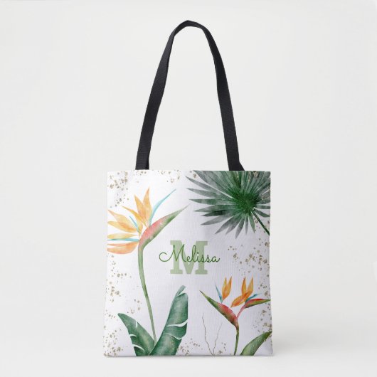 Monogram Tropisch Eiland Bloemen Script Goud Wit Tote Bag (Voorkant)