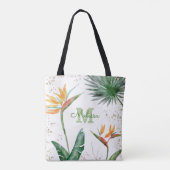 Monogram Tropisch Eiland Bloemen Script Goud Wit Tote Bag (Achterkant)