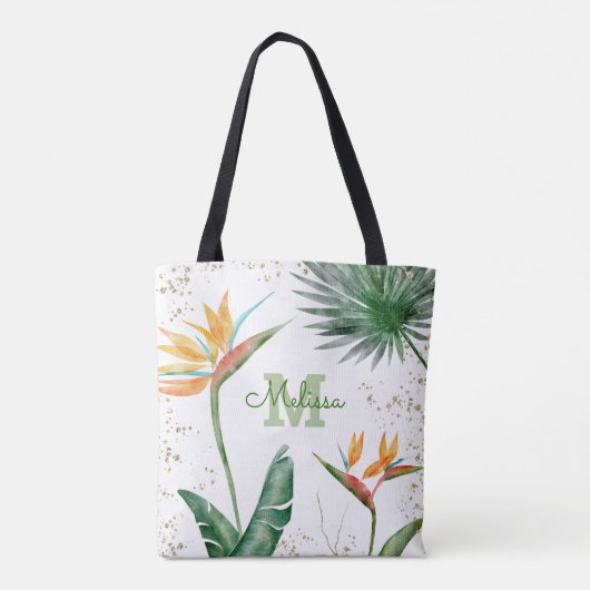 Monogram Tropisch Eiland Bloemen Script Goud Wit Tote Bag (Achterkant)
