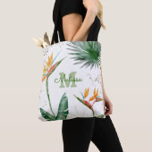 Monogram Tropisch Eiland Bloemen Script Goud Wit Tote Bag (Dichtbij)