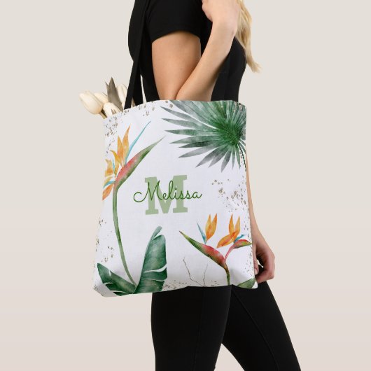 Monogram Tropisch Eiland Bloemen Script Goud Wit Tote Bag (Dichtbij)