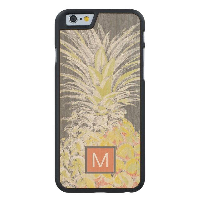 Monogram | Tropisch geel dennappel Carved Wood iPhone Hoesje (Achterkant)