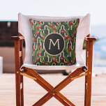 Monogram tropisch geometrisch patroon buitenkussen<br><div class="desc">Je monogram op een achtergrond van groene tropische bladeren en rode gember planten op een zwarte en ivoren geometrische achtergrond,  deze kussens zijn een mooi accent voor je zomergeduld. Verkrijgbaar in drie formaten: 16 x 16 inch,  20 x 20 inch en lumbaal. Punten in onze winkel koppelen.</div>