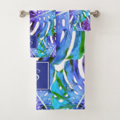 Monogram Tropisch Leaf Pattern Paars Blue Modern Bad Handdoek (Insitu)