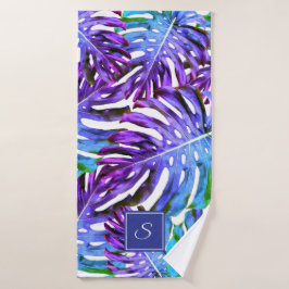 Monogram Tropisch Leaf Pattern Paars Blue Modern Bad Handdoek