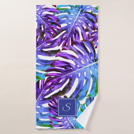 Monogram Tropisch Leaf Pattern Paars Blue Modern Bad Handdoek (Badhanddoek)