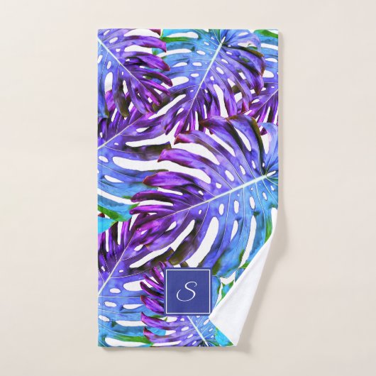 Monogram Tropisch Leaf Pattern Paars Blue Modern Bad Handdoek (Handdoek)