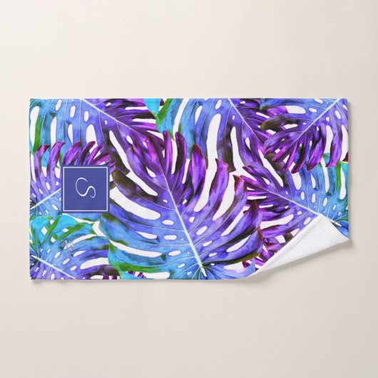 Monogram Tropisch Leaf Pattern Paars Blue Modern Bad Handdoek (Handdoek)