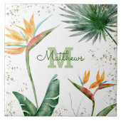 Monogram Tropisch Palm Foliage Script Gold White Tegeltje (Voorkant)