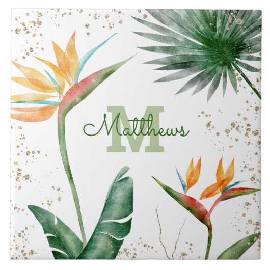 Monogram Tropisch Palm Foliage Script Gold White Tegeltje (Voorkant)