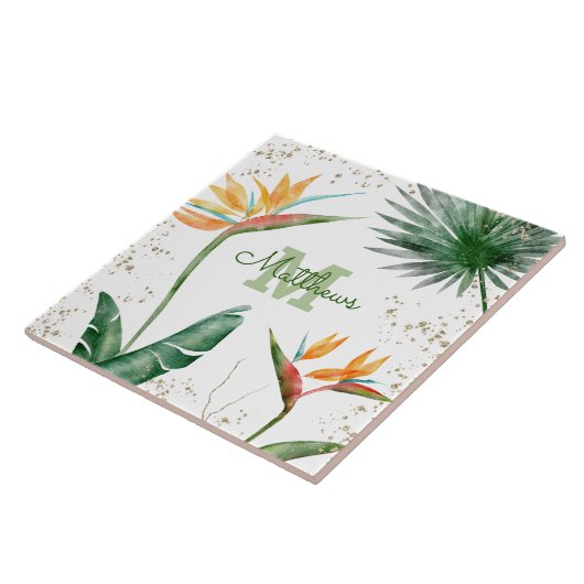 Monogram Tropisch Palm Foliage Script Gold White Tegeltje (Zijkant)