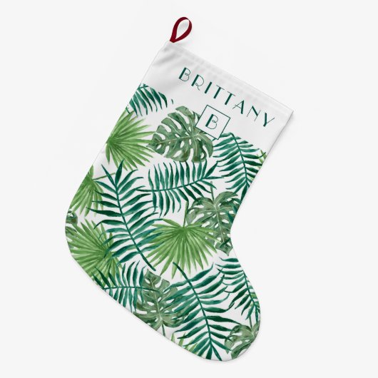 Monogram Tropisch Palm Leaves Green Grote Kerstsok (Voorkant (Hangend))
