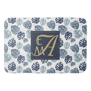 Monogram Tropisch Palm Navy Blue Gold Wedding Badmat