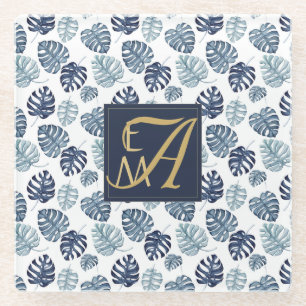 Monogram Tropisch Palm Navy Blue Gold Wedding Glazen Onderzetter