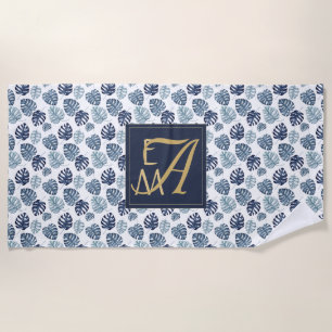 Monogram Tropisch Palm Navy Blue Gold Wedding Strandlaken