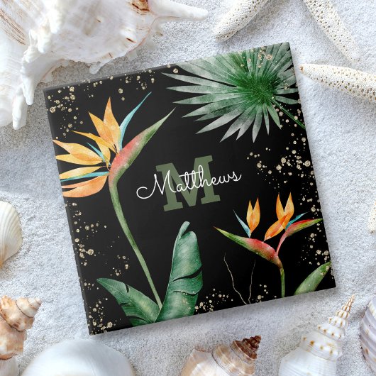 Monogram Tropisch Palmvullingsscript Gold Black Tegeltje